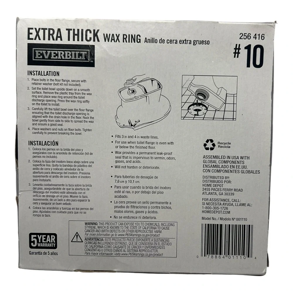 Everbilt - Extra Thick Wax Ring (#10) - Open‎ Box Unused